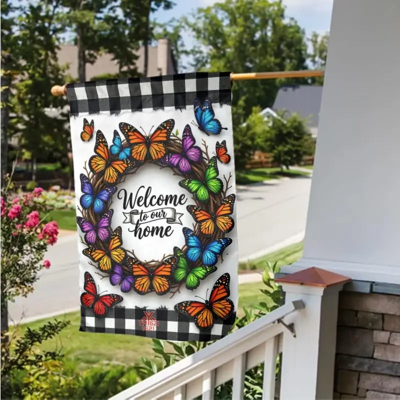 Butterfly Welcome Wreath Garden Flag 12.5x18 inch, 2-Sided Outdoor Yard Decoration for Porch, Garden, Fence, or Patio Perfec MMZ