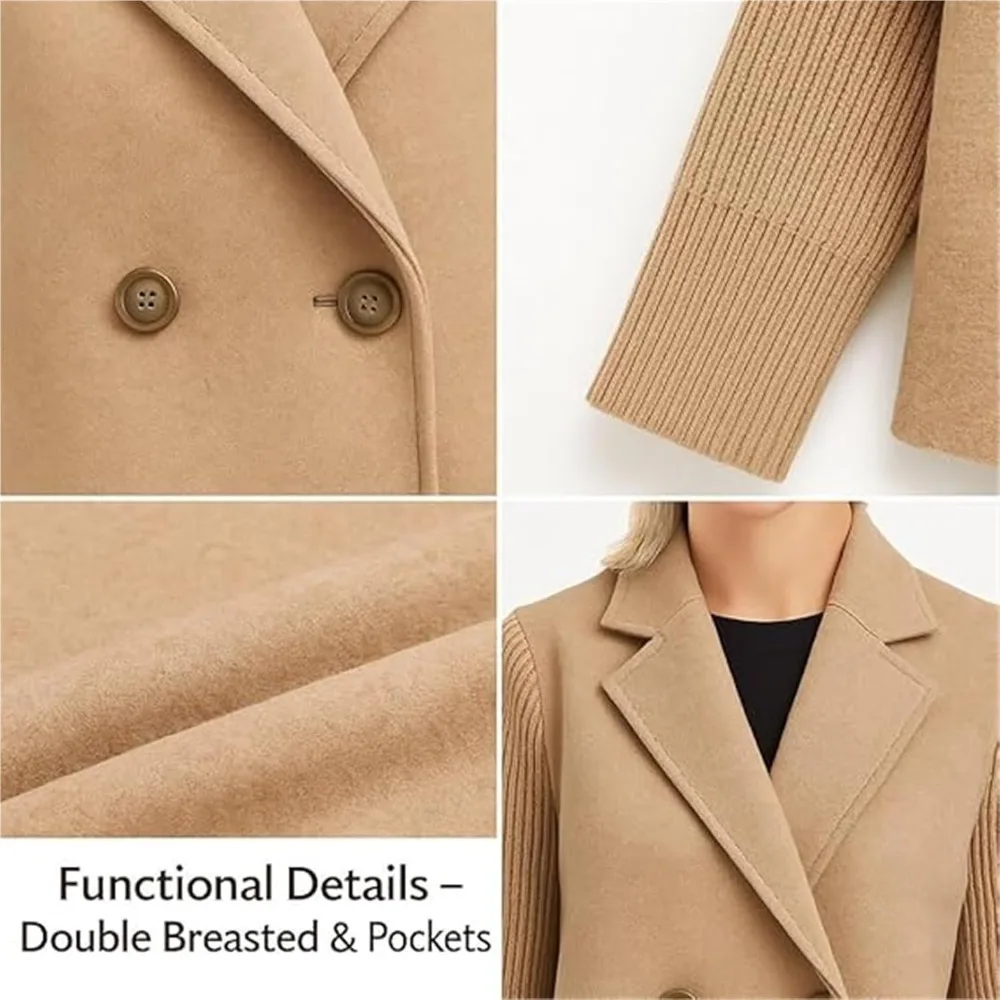 معطف كاجوال بأكمام مرقعة محبوك بأزرار وطية صدر السترة للنساء، معاطف مزدوجة الصدر، سترات شتوية فضفاضة