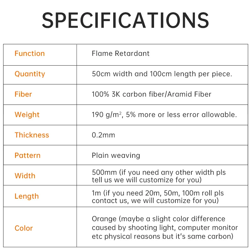 Carbon Aramid Fiber Hybrid Fabric Cloth  Orange Plain Weave 190gsm