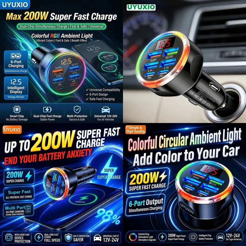 Fast Charging 6 in 1 Car Adapter Electronics Products for iPhone 18 17 16 Samsung S26 S25 S24 with Smart Fast Charging Hub