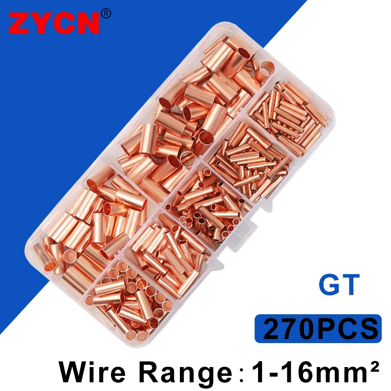 100pcs GT Copper Connection Pipe Joint Small Tube Protection Sleeve Terminal Cold Press Clasp 1.5/2/ 2.5/3/4/5/6/8MM