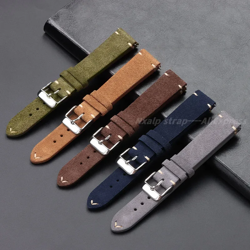 Vintage Suede Cowhide Strap 14mm 16mm 18mm 20mm 22mm Soft Genuine Leather Watch Band Quick Release Handmade Stitching Wristband