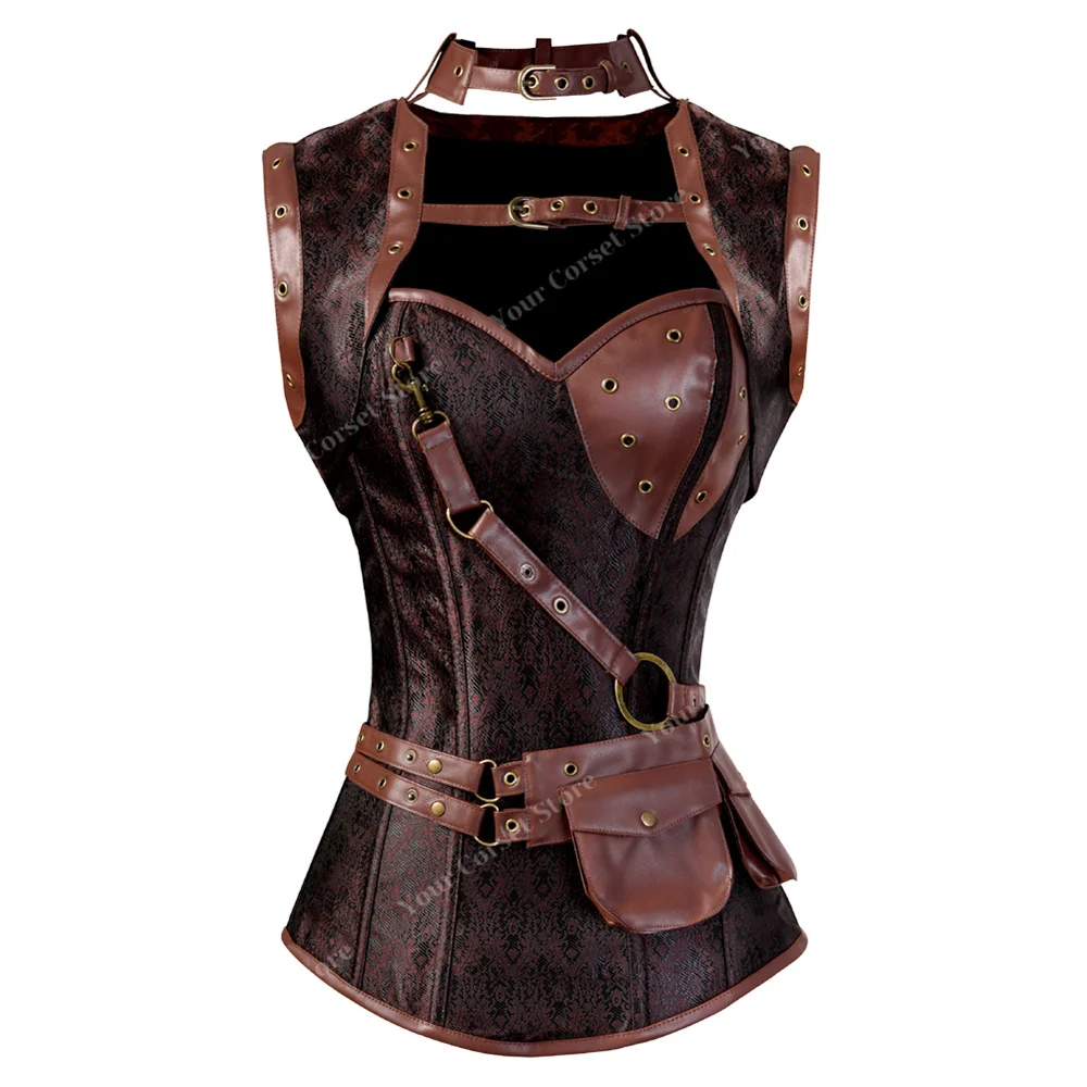 Steampunk Corset Plus Size Brown Pirate Corset for Women Medieval Bustier Vintage Faux Leather Corset Top Pirate Costume