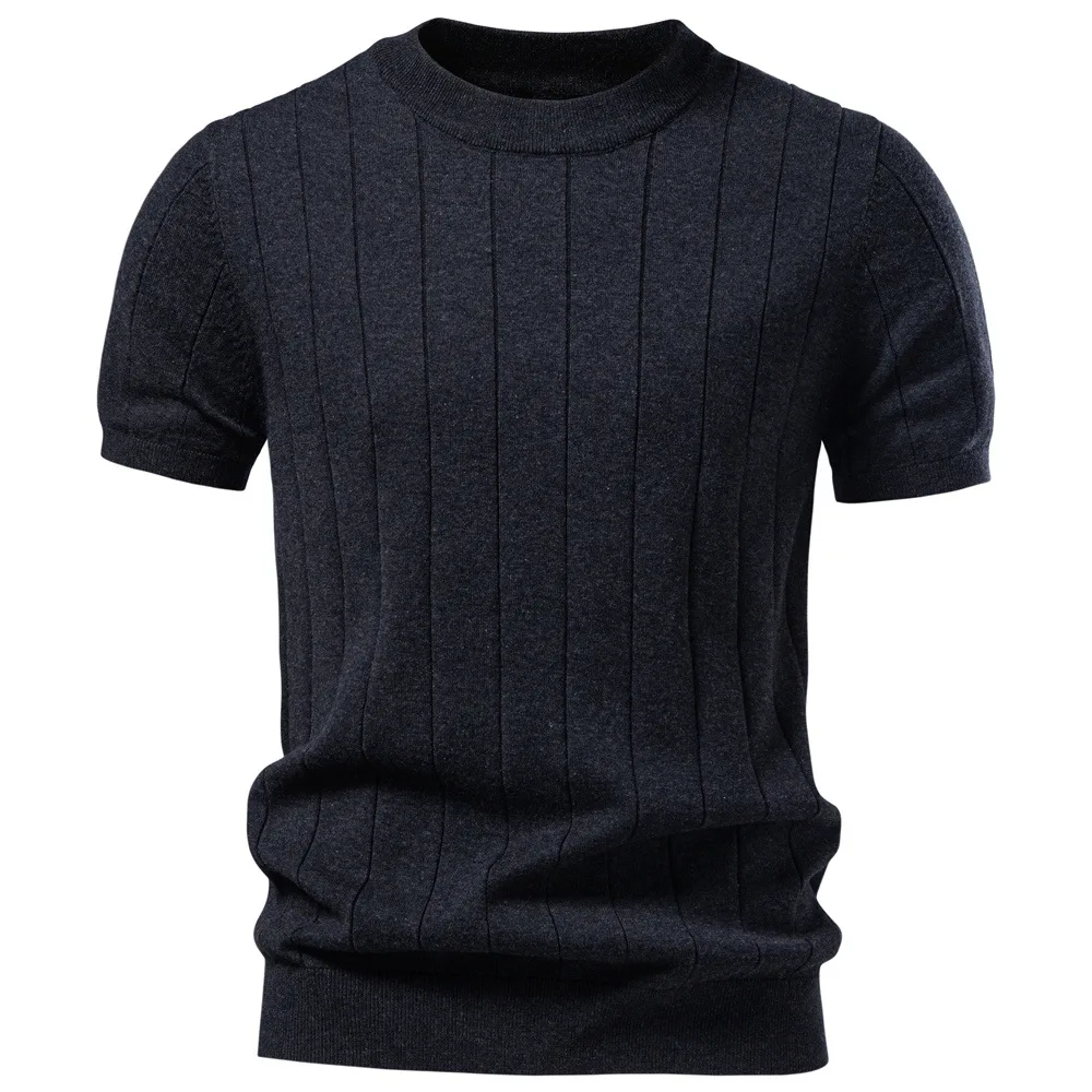 New men's high-quality knitted ribbed short-sleeved T-shirt - breathable, soft, casual and fashionable. Men's streetwear.