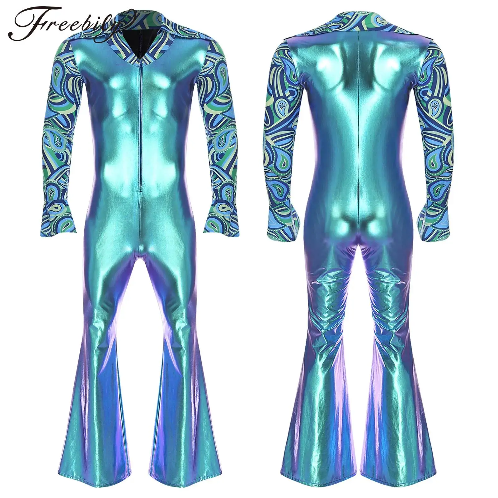 

Мужской комбинезон в стиле диско-вечеринки 70-х и 80-х годов, костюм хиппи, расклешенный комбинезон с длинными рукавами, комбинезон на молнии для джазовой музыкальной вечеринки