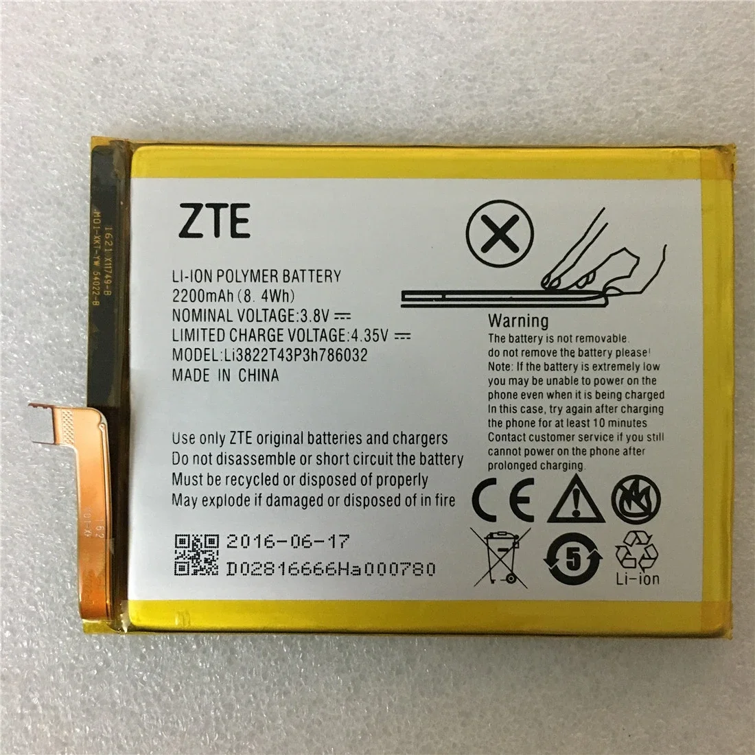 

3,8 В 2200 мАч Li3822T43P3h 786032 Аккумулятор Orbic Orbic-RC-501L / ZTE Blade V6 ZTE Blade D6 / ZTE Blade X7