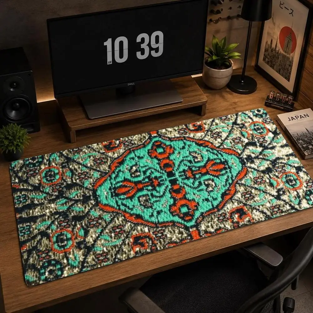 Large Gaming Mouse Pad Red Ornament Tile XXL Deskmat Non-slip Rubber Keyboard Mat Ethnic Floral Pattern Computer Mousepads