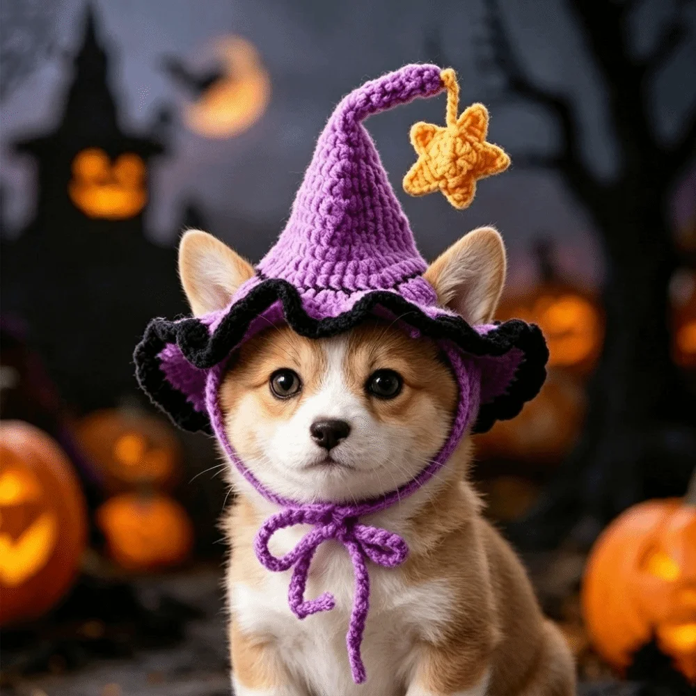 Creative Adjustable Pet Halloween Star Hats Soft Breathable Cat Witch Hat Decorative Knitted Hat Pet Cosplay Hat Halloween Party