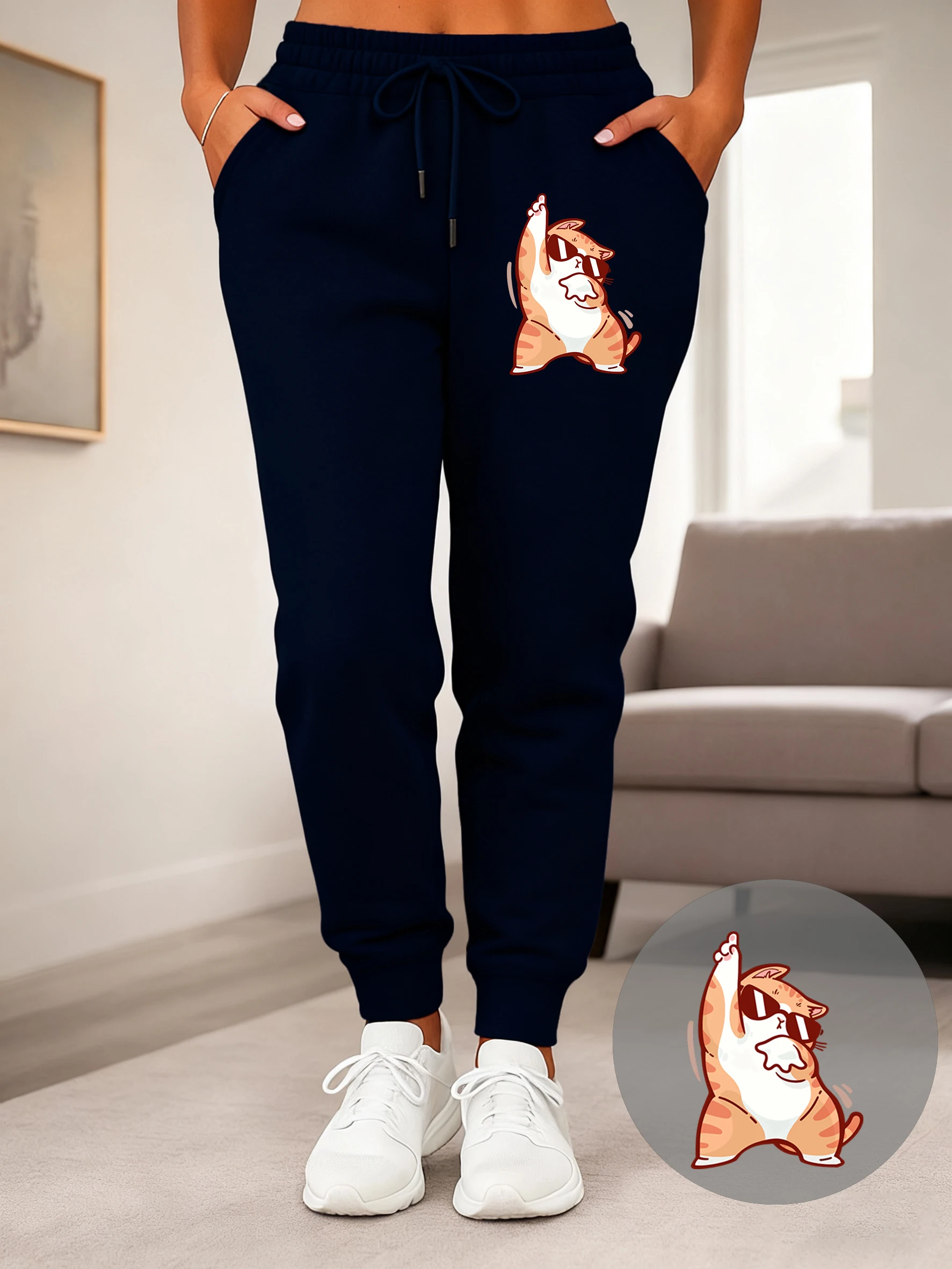 ハッピーダンシングキャットプリントレディーススウェットパンツ秋ヒップホップジョギングパンツY2Kポケットファッションパンツストリートオールマッチスポーツウェア