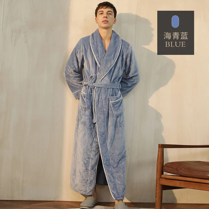 Casual Robe Men Couple Sleepwear Bathrobe Fleece Winter Night Wears Belt Warm Pajama One Piece Nightgown Solid Pocket Homewear