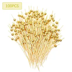 25/100Pcs Gold Beads Bamboo Fruit Sticks Fruit Salad Snack Fork Cocktail Decor Cake Buffet Toothpicks Wedding Party Supplies