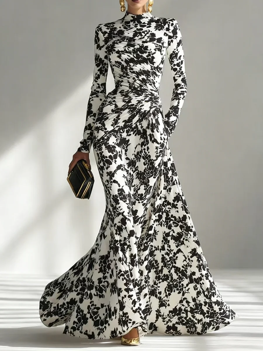 

Flower Print Long Sleeve Ruched Elegant Maxi Dress Women Gown Autumn Fashion Bodycon Mock Neck Long Dresses Female Vestido