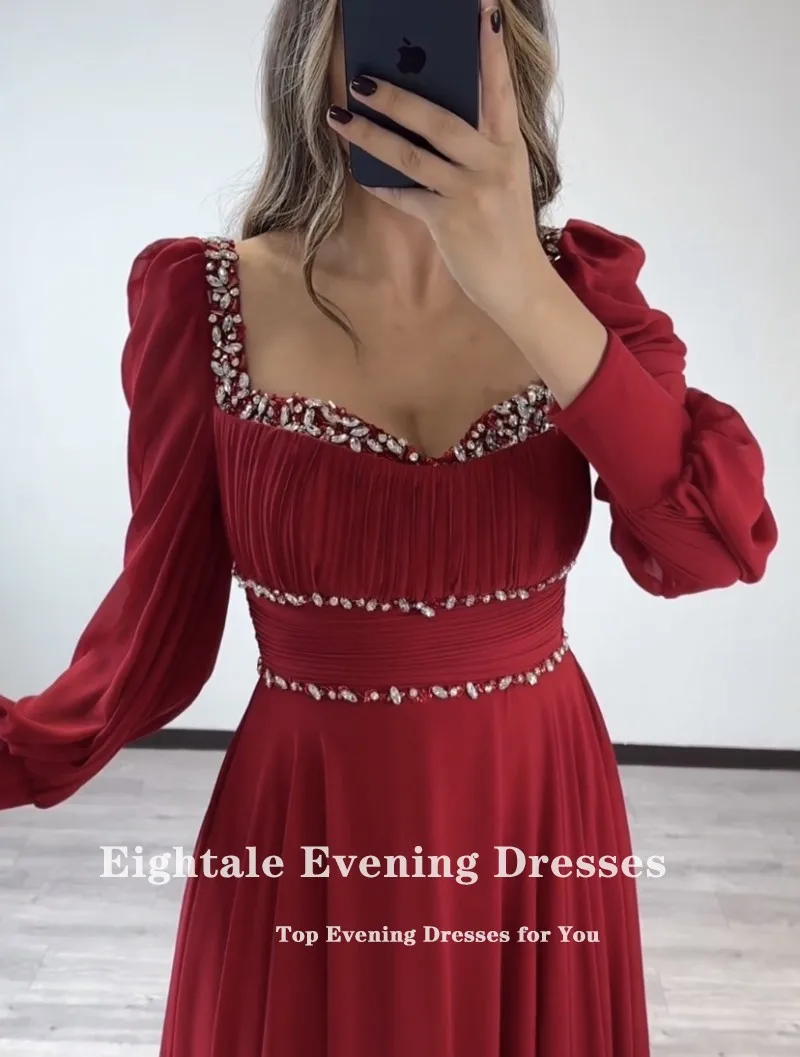 Eightale Burgundy Evening Dresses Sweetheart Beaded Long Sleeves Arabic Chiffon Prom Gown for Wedding Party robe soiree