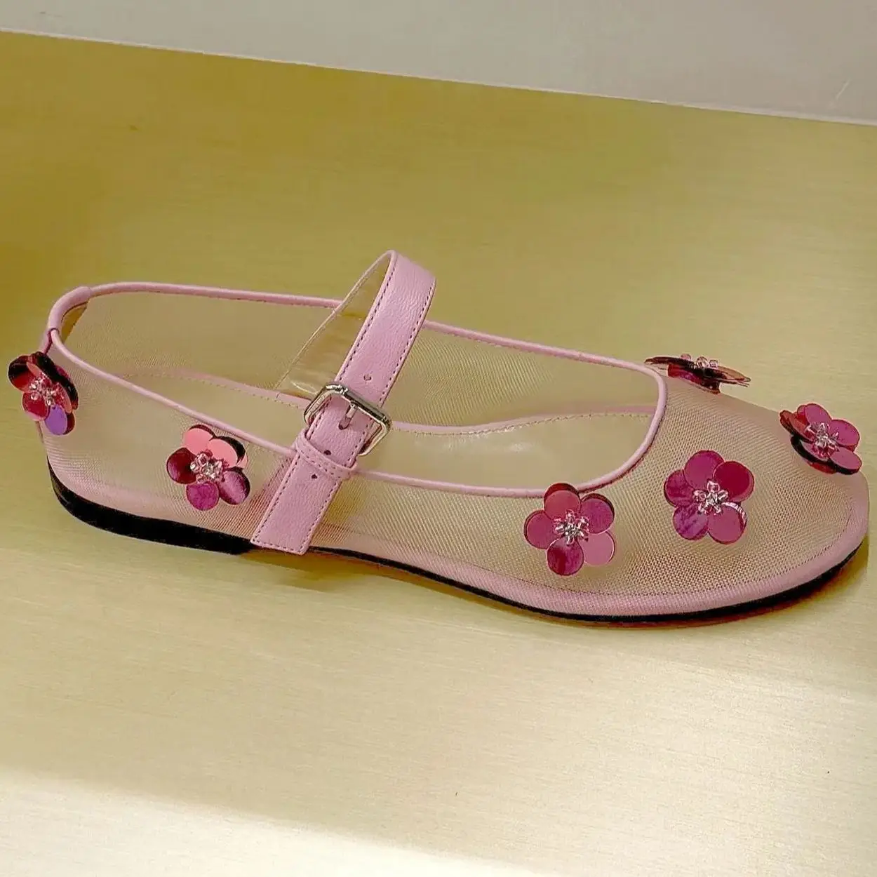 

Embellished Floral Ballerina Flats Mesh 2024 Round Toe Pink Summer Elegant Sandals Mary Jane Shoes Ballet Flats Woman's shoes