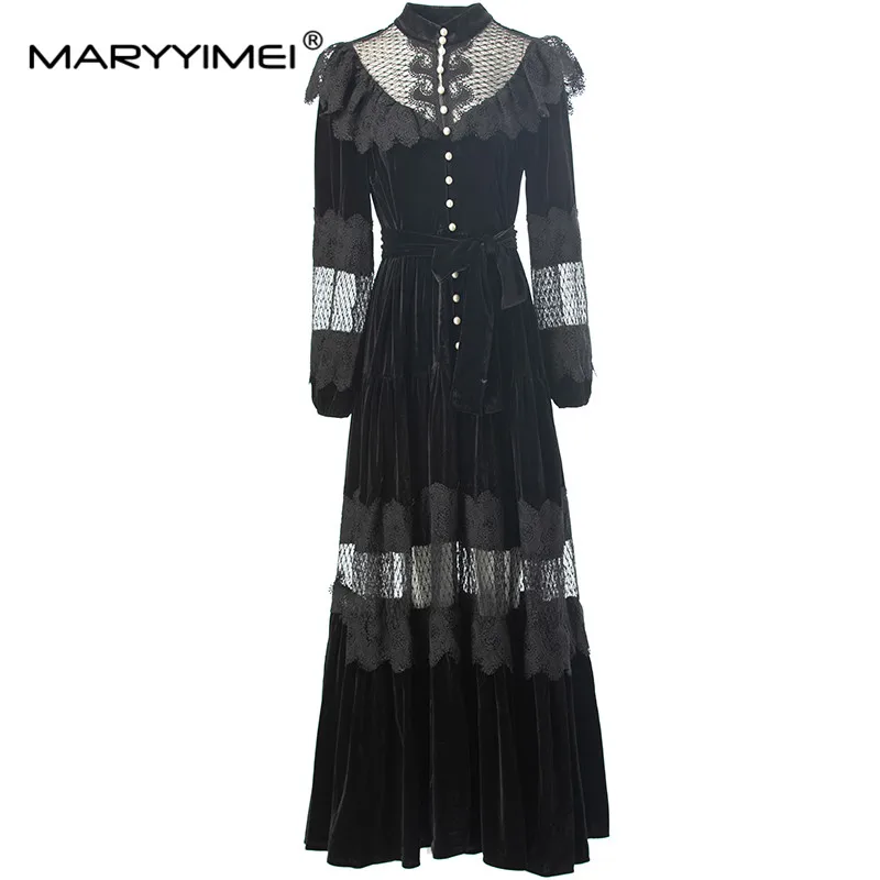 

MARYYIMEI Lace Splicing Hollow Out Autumn Women's Dress Stand Collar Lantern Sleeved High Waiste Lace-Up Vintage Evening Dress