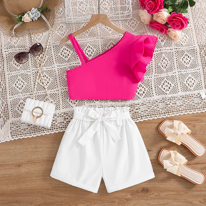 

New Summer Stylish Girls Ruffled Asymmetrical Top + White Shorts Set Cute Vocation Birthday Party Daily Casual Suit