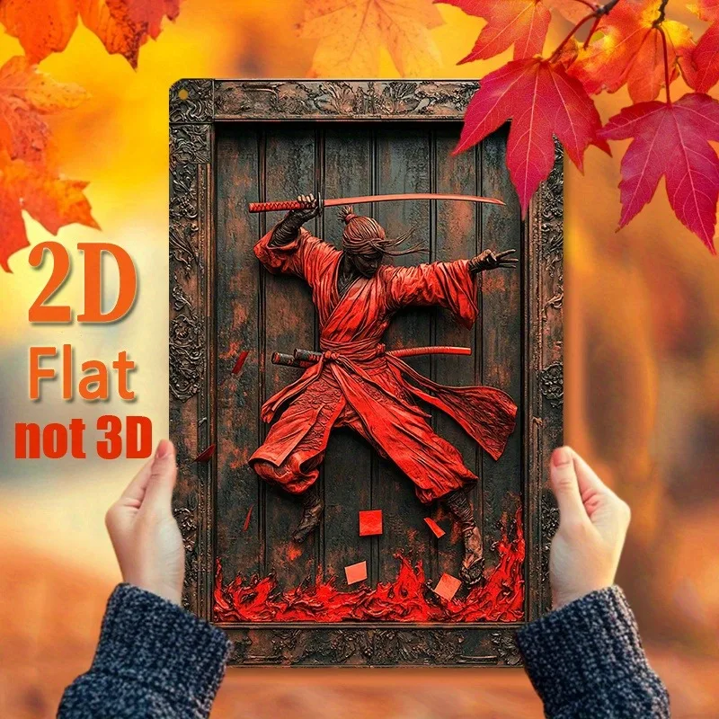 Aluminum Metal Samurai Wall Art, Red Armor Warrior with Sword, Intricate Frame, Kawaii Room Decor, 2D Flat