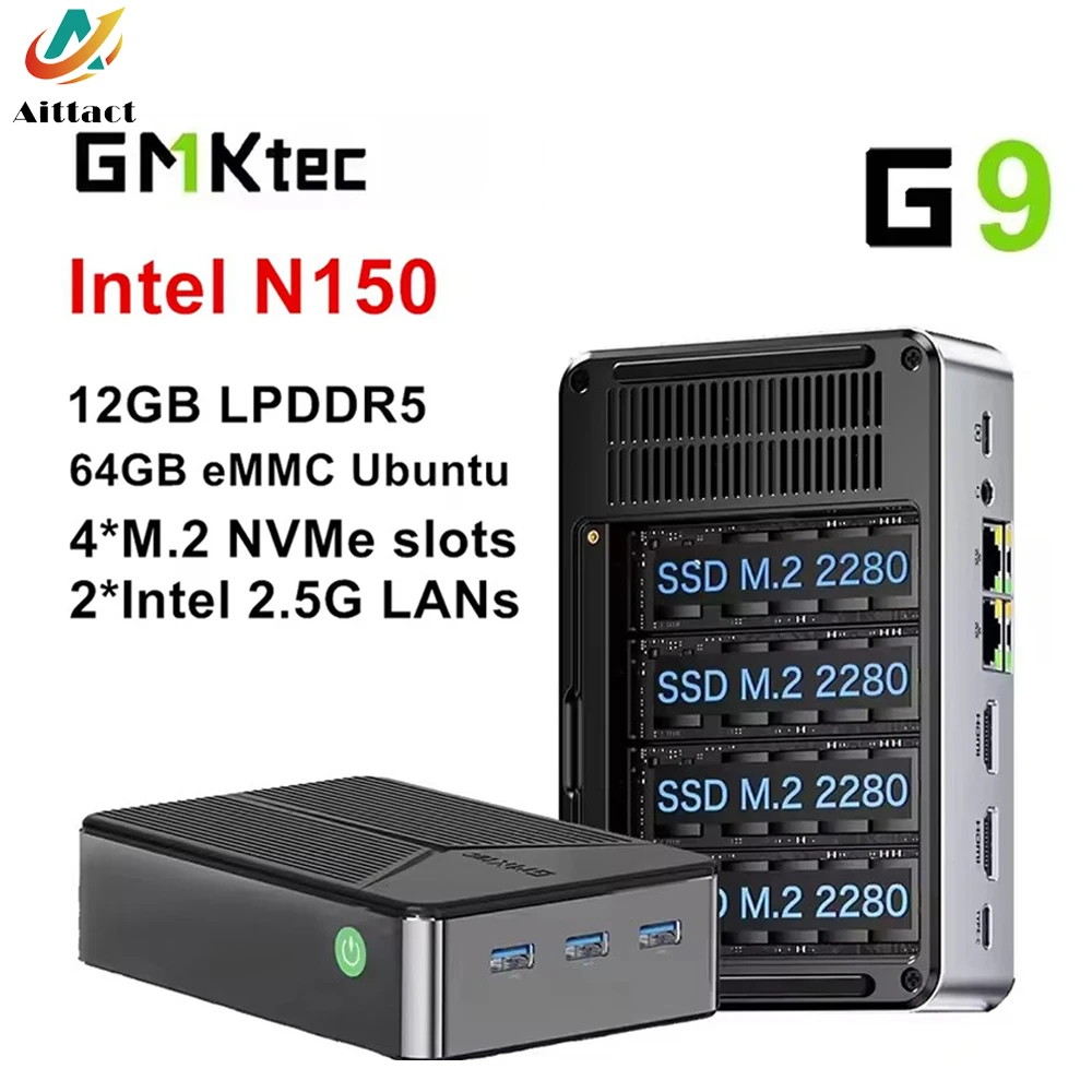 

GMKtec G9 NAS Мини-ПК Intel N150 с 4 отсеками M.2 NVMe Slot Брандмауэр Компьютер 12G LPDDR5 64 ГБ eMMC Ubuntu 2x2.5G Homelab Server WiFi6
