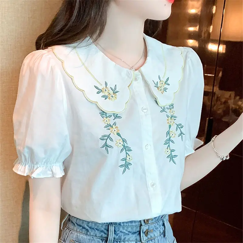 Sweet Peter Pan Collar Spliced Ruffles Embroidery Shirt Women\'s Clothing 2023 Summer New Casual Tops Loose Office Lady Blouse