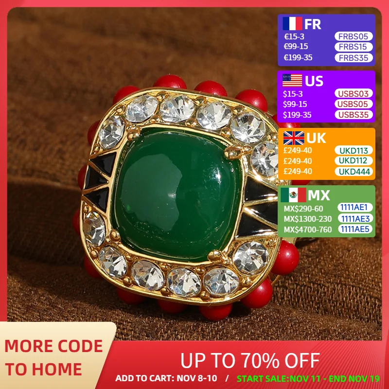 

Vintage Green Ring Gold Color For Woman Square Red Stone Rhinestone Zirconia Jewelry Luxury High Quality Christmas Accessories