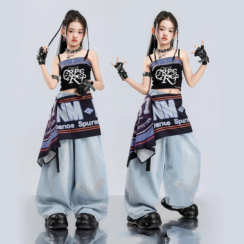 Kid Kpop Hip Hop Clothing Black Denim Trim Camisole Crop Blue Wide Leg Jeans Baggy Pants for Girls Street Dance Costumes Clothes