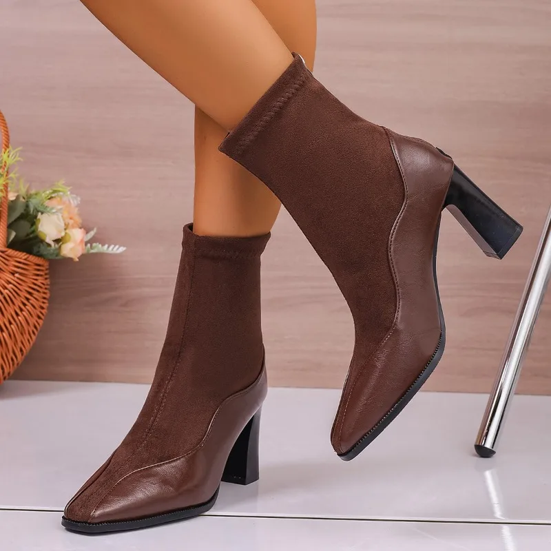 

Block Heel Skinny Boots Fashion Square Toe Spliced Suede Zipper Soft Sole Anti-Slip Wear-Resistant Heel Booties