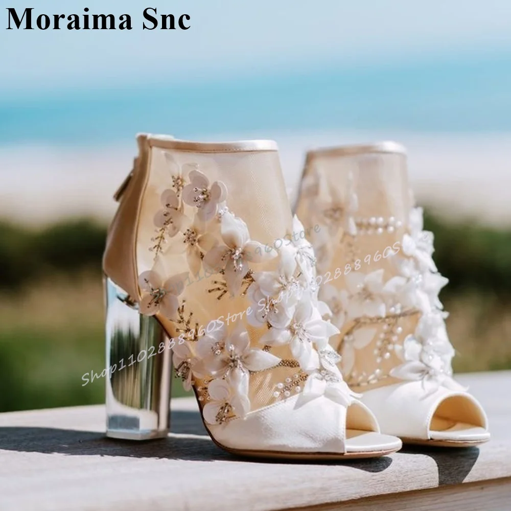 

Белые босоножки на прозрачном каблуке с воздушной сеткой и цветком, туфли на массивном высоком каблуке для женщин, молния сзади, открытый носок, мода 2025, Zapatos Para Mujere