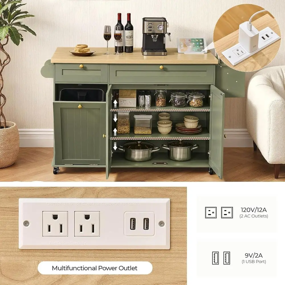 Green Rolling Kitchen Island with Storage, Trash Bin, Drop Leaf, Power Outlet, Spice Rack, Towel Bar, and Knife Holder - view 5