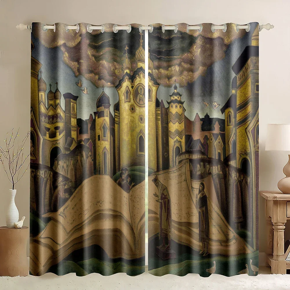 Larich's Paintings Blackout Curtains,Abstract style mountains lake Sunrise Red Cloud watercolor Print Curtains for Living Room