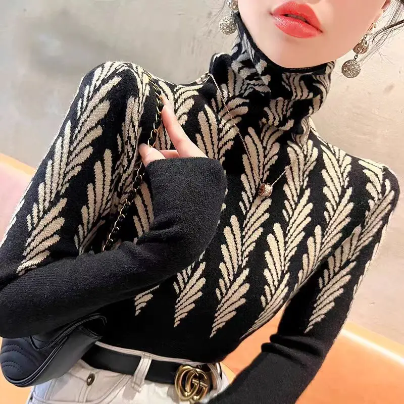 Women's Clothing Elegant Chic Plant Knit Sweaters Autumn Winter Fashion All-match Turtleneck Slim Pullovers Office Lady Tops