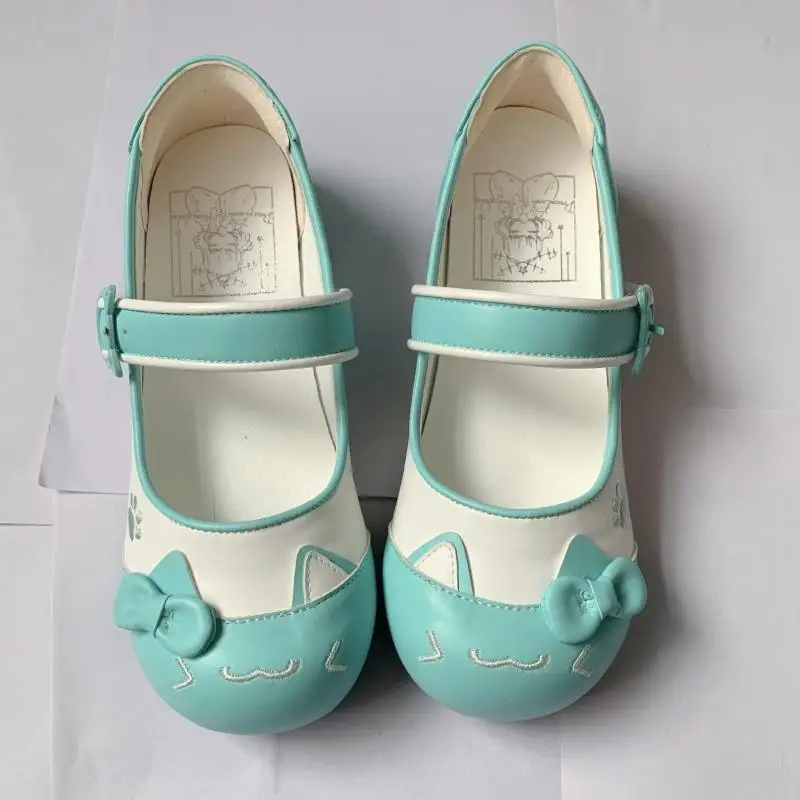 Japanese Womens Lolita Shoes Cute Simple Bow Round Head Mary Jane Shoes One-word Buckle with Cute Girl Color Scheme Flats