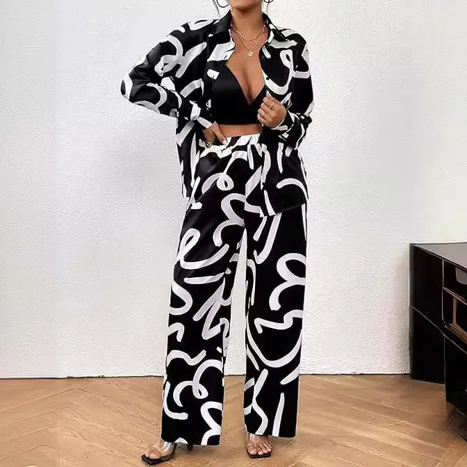 

Two Piece Sets Womens Outifits Fashion Autumn Long Sleeve Print Shirt Suit Casual Loose Wide Leg Pants Sets 2 Piece Sets