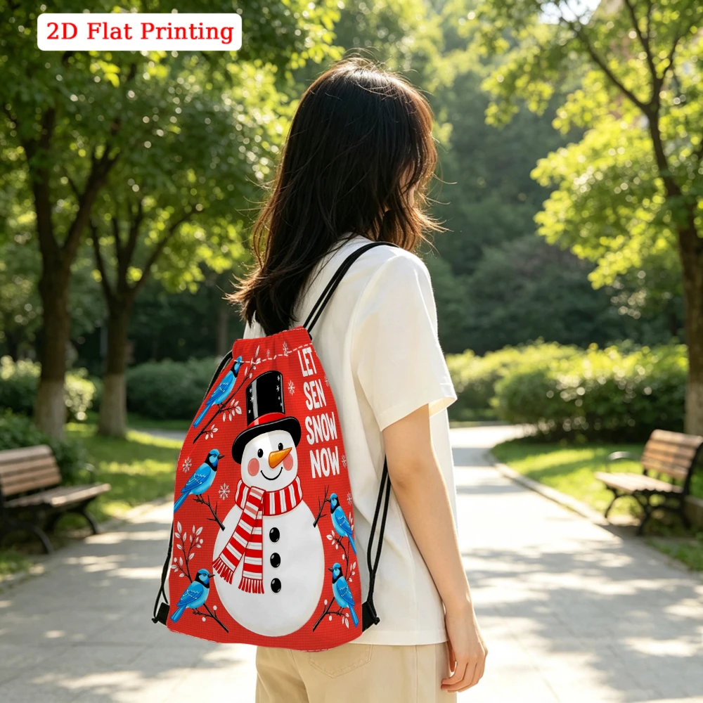Festive Winter Style, Drawstring Backpack, 2D Flat Printing Snowman And Blue Birds Pattern, Fitness Sports Backpack, Outdoor Tra