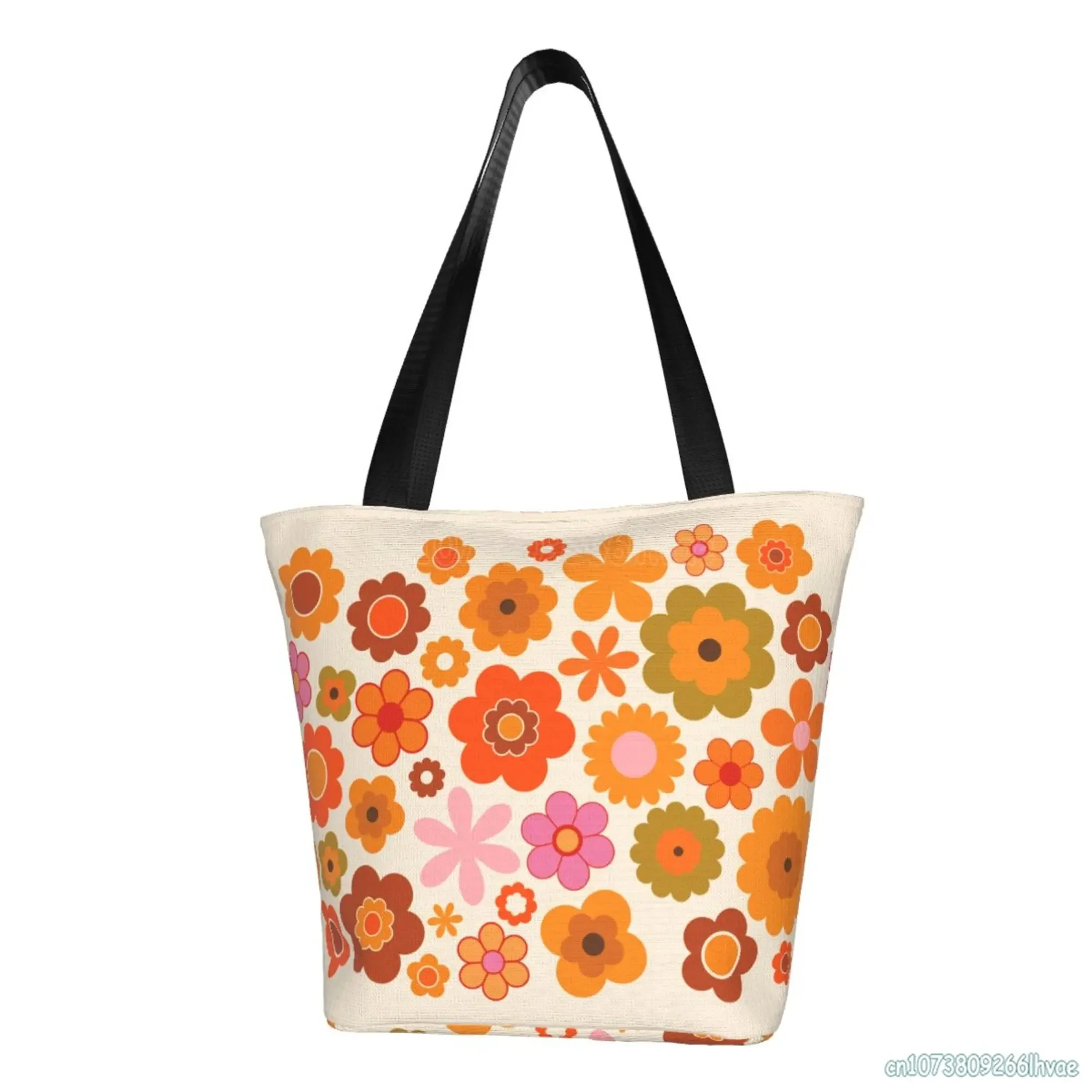 

Orange 70S Vintage Flowers Green Power 1970 Retro Seventies Ladies Handbag Reusable Shoulder Bag for Women Shopping Travel Work