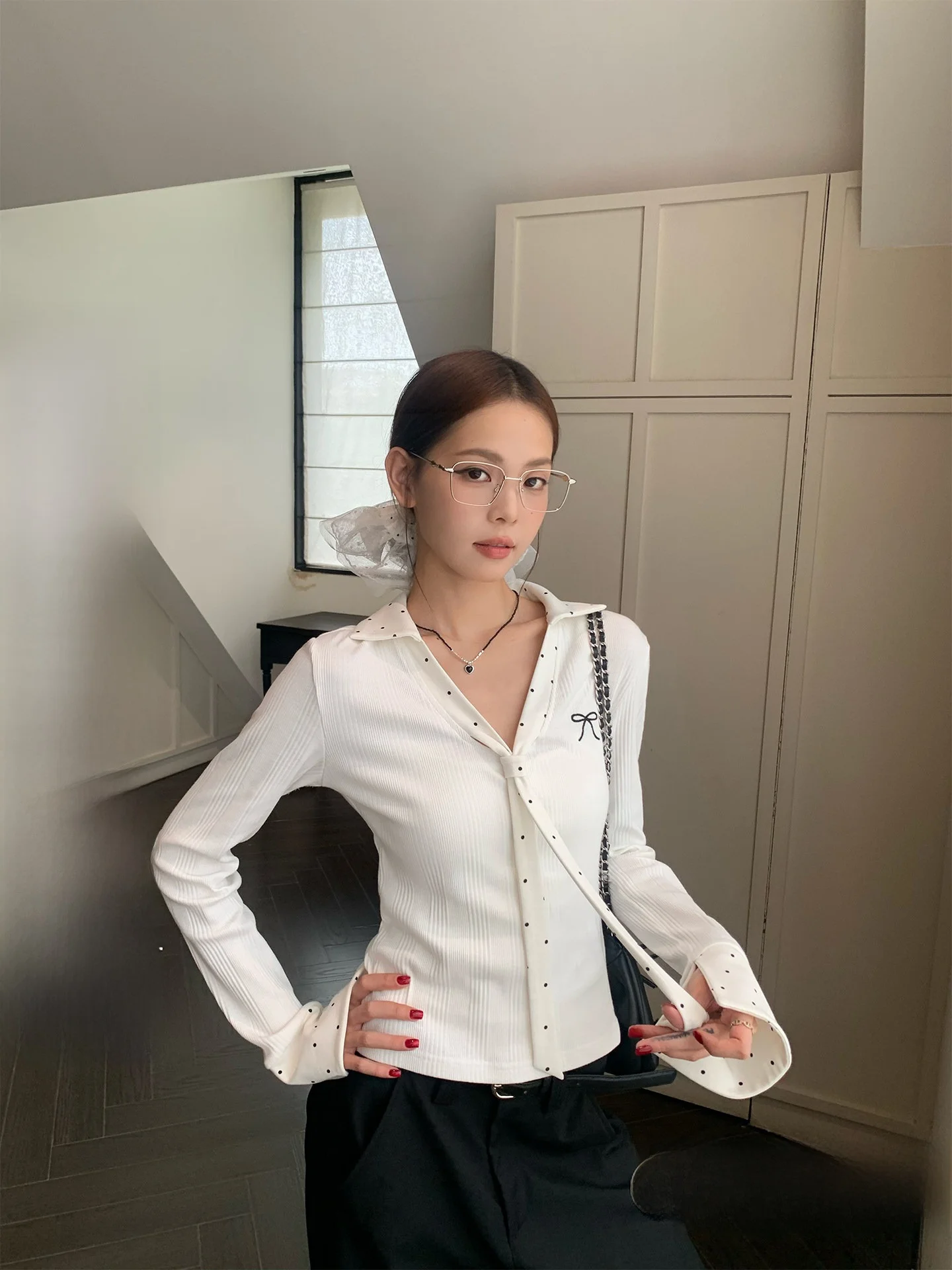 

White Polka Dot Splice Ne Base irt Women's Autumn Winter Slim ort Sve Long Sve T irt Top by Song Zhengen