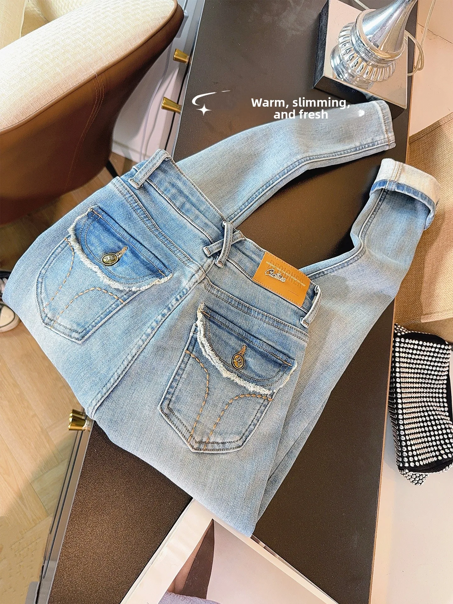

Women's Fleece Lined Slim Fit High Waist Stretchy Bootcut Jeans Winter Warm Cotton Denim Pencil Pants Casual Everyday Trousers