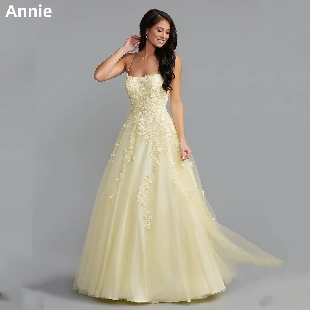 

Annie Yellow Evening Dress Tulle Hand Appliqué Prom Dressess A-line Backless Robe Vestidos De Noche