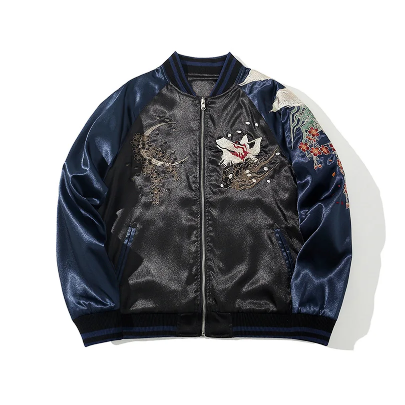 Men Embroidery Baseball Jacket Heavy Satin Zip Up Stand Collar Oversize Navy Streetwear Coat Spring Autumn