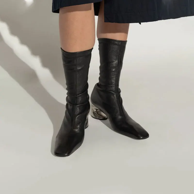 Sexy Square Toe Soft Leather Ankle Boots Shaped Mid-Heel Stretch Botines Comfortable Breathable Slip-On Women Botas Femininas