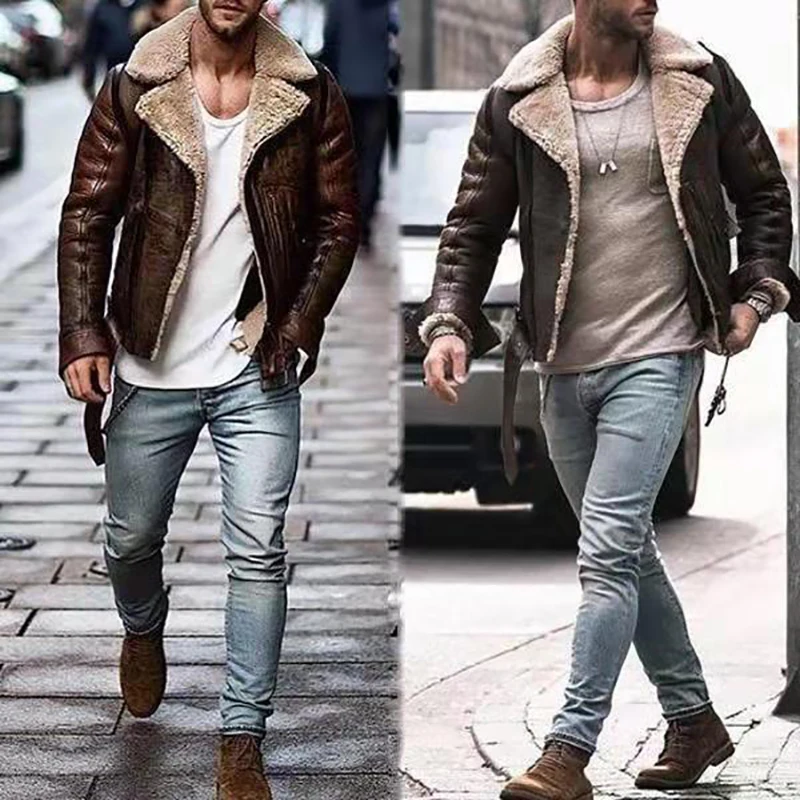 Winter Jacket Men PU Leather Jackets Biker Motorcycle Zipper Long Sleeve Coat Top Streetwear Leather Jacket Men Coat Dropshippin