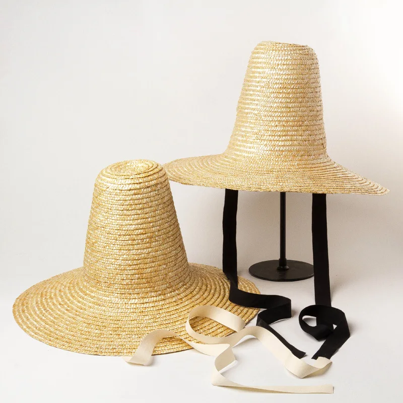 Elegant Women Straw Hat Vintage Pointed High Wide Brim Sun Hat Casual Natural Straw Cap With Straps Ladies Fashion Catwalk Hats