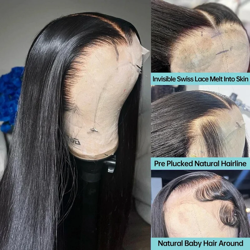 Preplucked Silk Top 30inch Black Straight Jewish Human Hair Wigs With Baby Hair HD Lace 5x5 Silk Base European Hair Glueless Wig