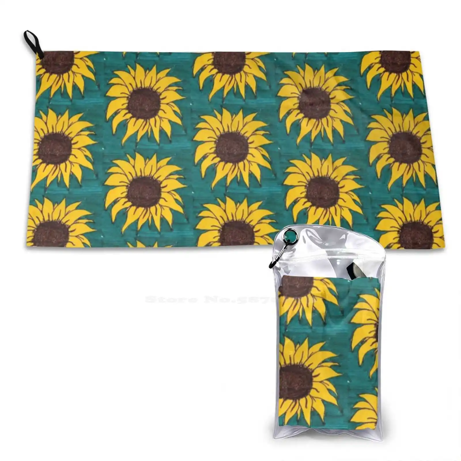 Sunflower Soft Towel Quick Dry Beach Towel Sunflower Yellow Happy Bright Green Teal Brown Summer Spring Sketch