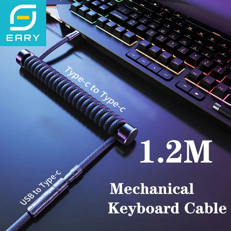 Eary 1.2m Coiled Keyboard Cable USB to Type-C Detachable Metal Aviator for Mechanical Gaming Keyboard Accessories for PC Laptop