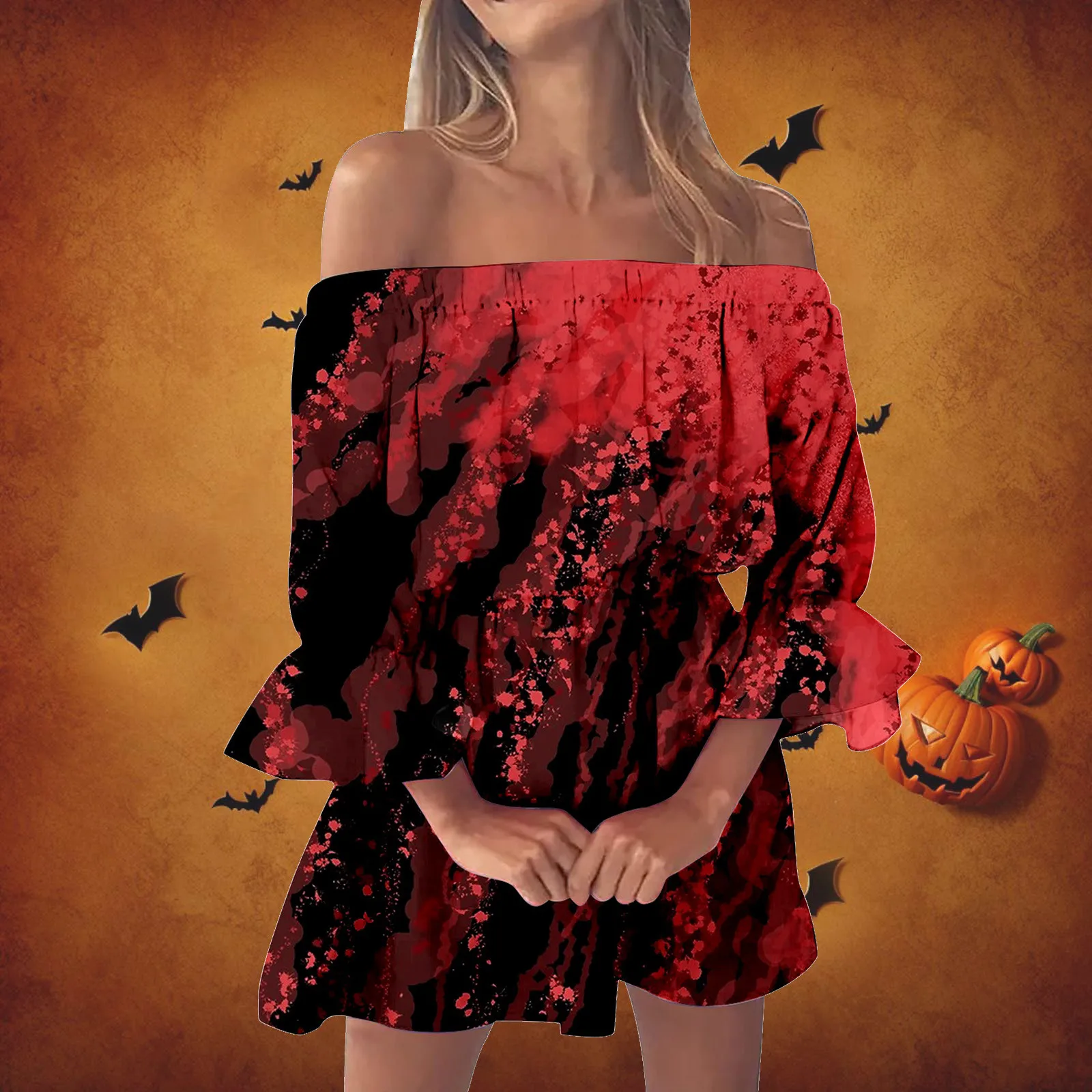 Women'S Halloween Sexy Dress Bloody Horror Print Dress One-Line Shoulder Petal Sleeve Slimming Dress Featured Holiday Dress