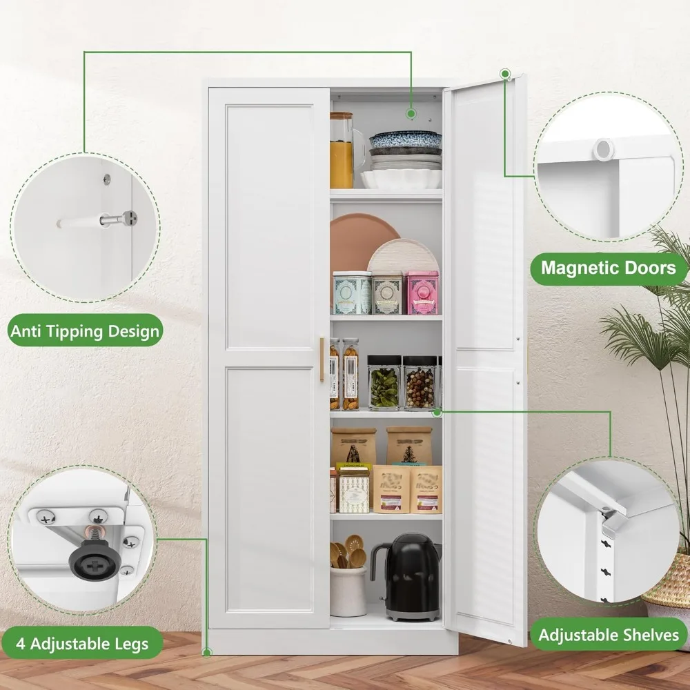 71 خزانة تخزين مخزن المطبخ، خزانة تخزين طويلة بيضاء مع أبواب ورفوف، خزائن مخزن طعام معدنية لمخزون المطبخ #4