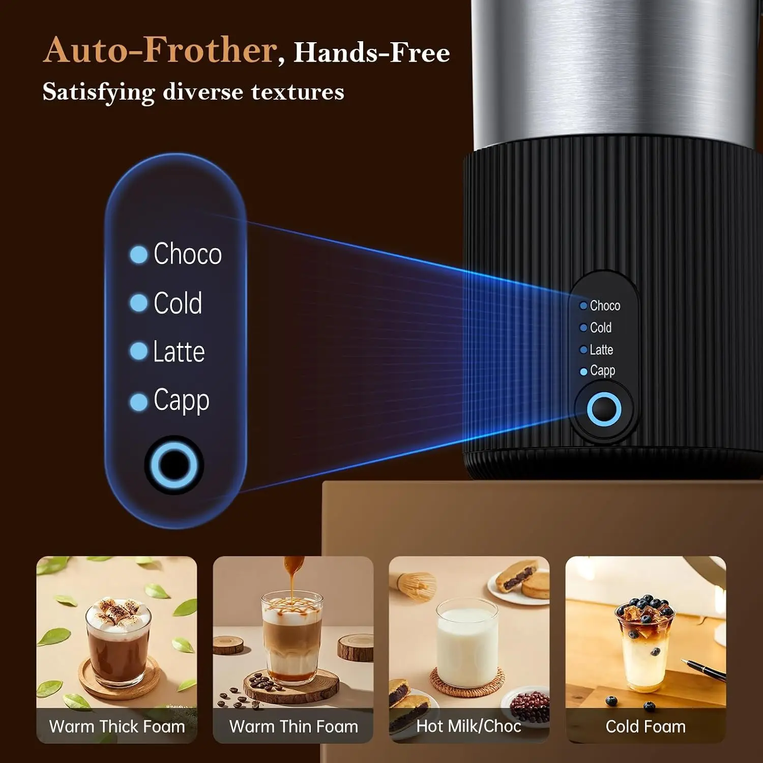Electric Milk Frother and Steamer, 4-in-1 Instant Milk Steamer for Coffee, Latte, Cappuccino, Hot Chocolate, Automatic Hot & Cold Milk Foamer, Stainless Steel Detachable Cup, Quiet, Dishwasher Safe