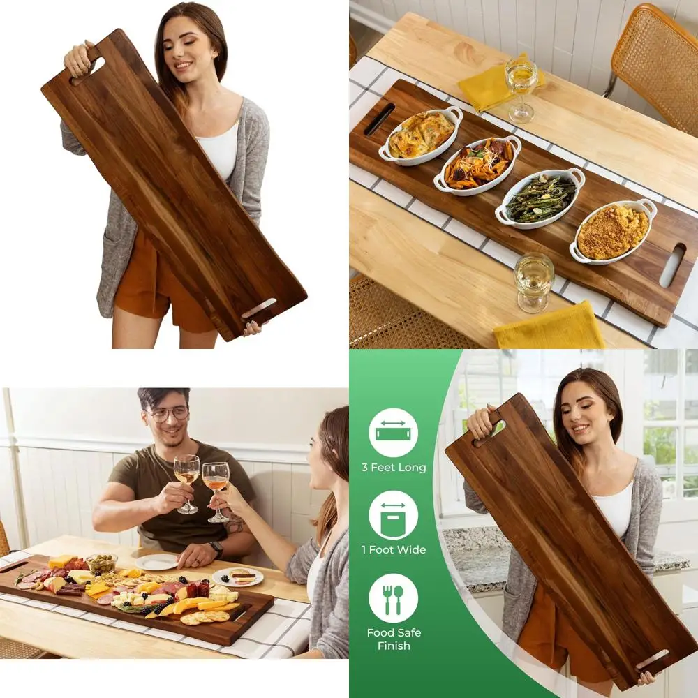 

36 x 12 Rectangular Acacia Wood Charcuterie Board with Handles for Meat & Cheese Platters, Party Appetizers, 3ft Long