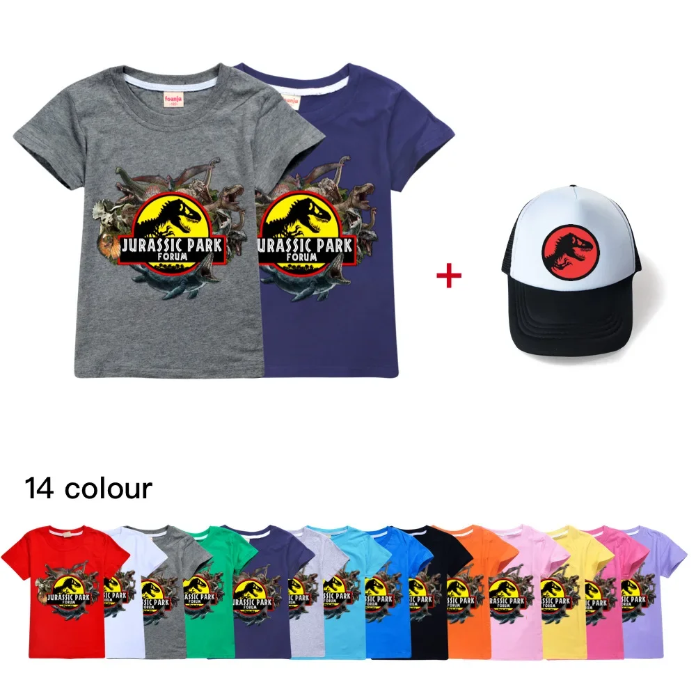 

2024 Hot Cartoon Jurassic World Birthday Gift 2-15th Tshirt Funny Dinosaur T-Shirts Boys Girls Tshirts Kids Clothes Tops+sunhat