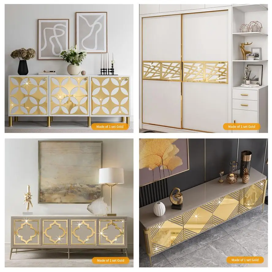 4 יחידות\סט 15/20/27cm זהב חלול גילוף מראה מדבקת ארון ריהוט קישוט 3D מדבקות בית עיצוב אקריליק אמנות קיר מדבקה